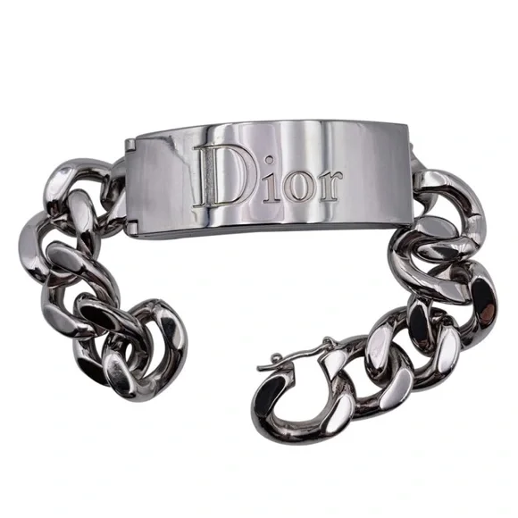 VTG Christian Dior Silver Chain Link Nameplate Logo Lip Gloss ID Makeup Bracelet - Picture 2 of 16